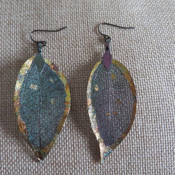 Urban Rose Jewelry - Urban Rose - Gorgeous Real Leaf Earrings - Gilded, Iridescent - NWOT